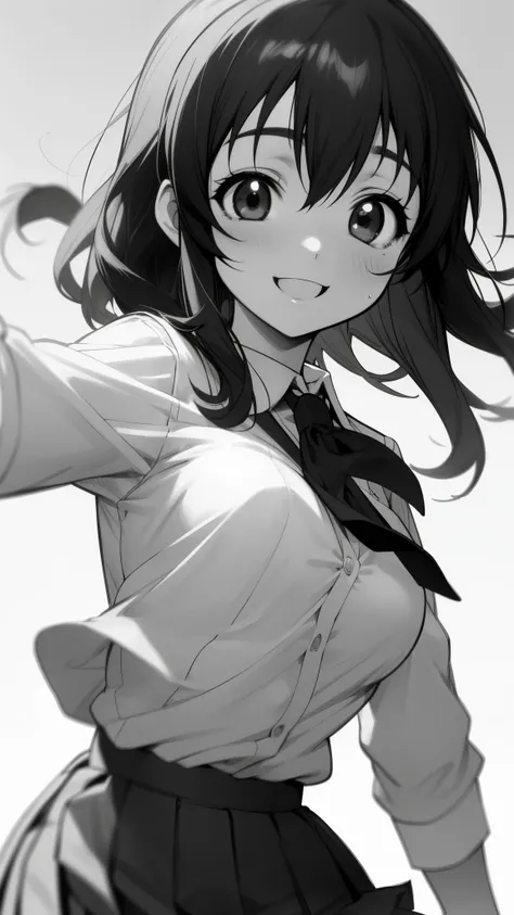 1 high school girl、solo、Ayase Fuka、uniform、blouse、Pleated skirt、ribbon、mini skirt、front、Upper body close-up、Dynamic Pose、smile、Grayscale、Monochrome、Halftone、picture、Manga、Face Focus、School Playground。