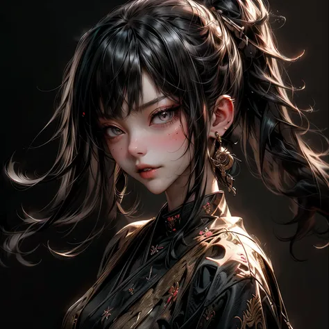 ((best quality)), ((Masterpiece)), ((Enrich the picture，Masterpiece level quality)), ultra background details, an image of a beautiful cyberpunk female, mature woman, fierce woman, cyberpunk theme, close up, samurai girl, cyberpunk, fantasy, ((black hair, ...