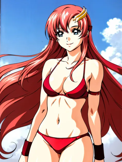 lacus4, (red bikini:1.5), (running, thong:1.4, (very long midsection:1.5), (little biceps:1.4), (hair details:1.7), (stretched shoulders:1.3), (eyescierra:1.5), (sharp eyes:1.5), masterpiece, cowboy shot, very slim shoulders:1.7, 4K, (Best Quality:1.8), An...