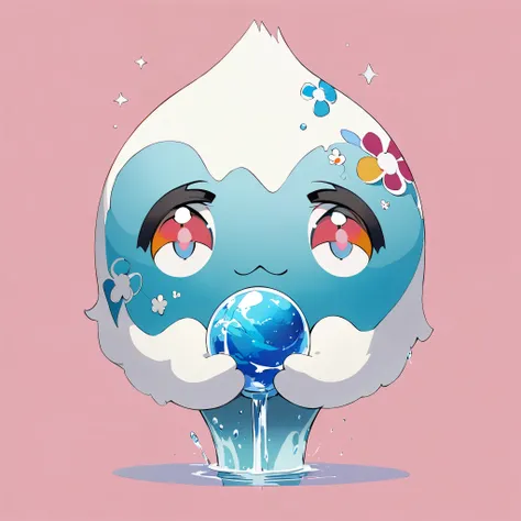  The character is  round and soft, evoking a sense of kindness and trust.Drawing water and moistening the earth　Collecting Water Embracing Water with Both Hands Takashi Murakami&#39;s Colorful Style, Simple lines acronym abstract art, The background is wat...