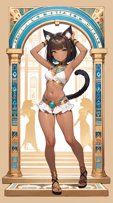 Masterpiece, high resolution, flat and simple illustration, pop, transparent colors, detailed depiction, cute and humorous, fun atmosphere, 
break, 1 girl, full body, Bastet girl dancing with arms raised, active pose, having fun, 
break, she is young and a...