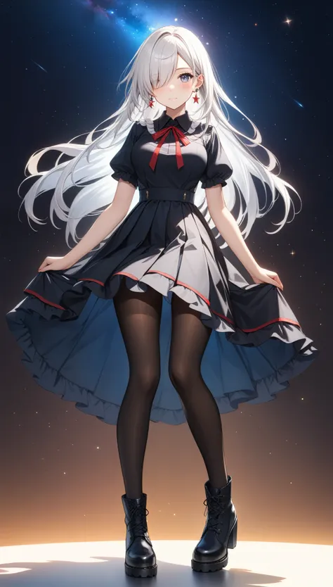 1girl, solo, long hair, looking at viewer, blush, closed mouth, jewelry, medium breasts, full body, white hair, short sleeves, earrings, frills, boots, black footwear, hair over one eye, black dress, red ribbon, black pantyhose, grey eyes, gradient backgro...