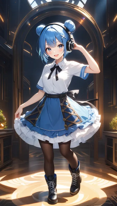 1girl, solo, looking at viewer, blush, smile, open mouth, short hair, medium breasts, blue hair, white shirt, full body, short sleeves, :d, frills, boots, collared shirt, hand up, black footwear, hair bun, black pantyhose, grey eyes, neck ribbon, black rib...