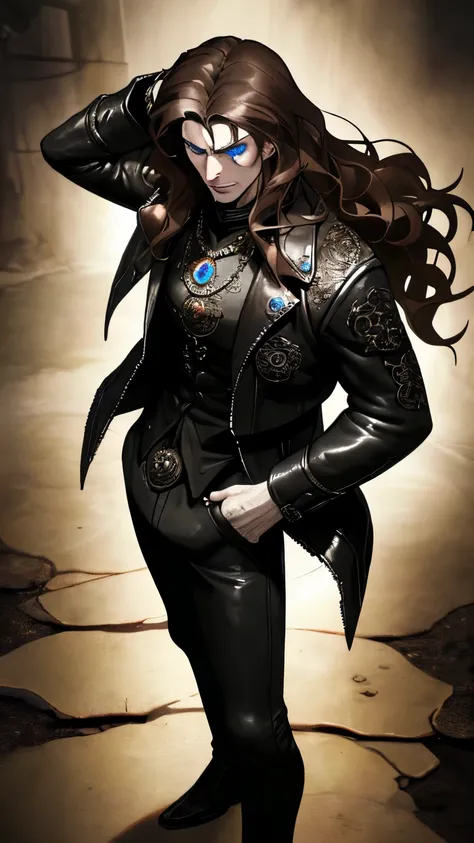 man, pale skin, blue eyes, long, slightly wavy hair, dark brown hair color, villain face, medallion around the neck, showing a rustic ring on his finger, Standing on a dark street, black leather jacket and black clothes, no beard, estilo dark rpg fantasy, ...