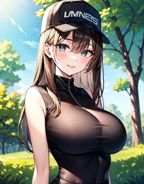 golf wear,golf cap,golf course,outdoors,(large breasts:1.55),(shiny,hair),((solo)),((masterpiece)),((best quality)),perfect anatomy,slim waist,perfect image,8k UHD,(beautiful detailed eyes:1.5),extremely detailed face,standing,(upper body:1.25),(look at th...