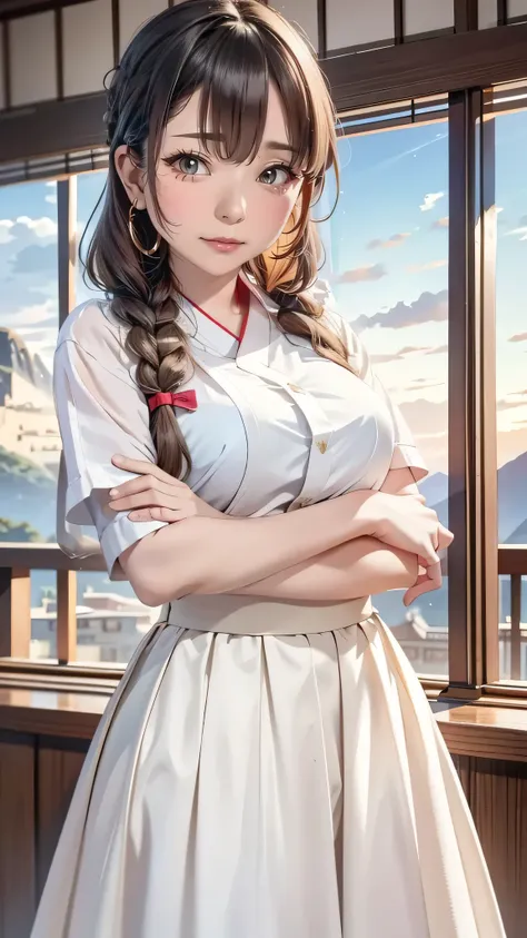 one woman、cute face、Rin々new expression、Japanese、Japanese、、gray eyes、beige hair、french braid、１６talent、white shirt、デニムのlong skirt、long skirt、Machu Picchu、sunset、highest quality、ultra high resolution、master piece:1.3，８ｋ、Precise finish、unreasonable、