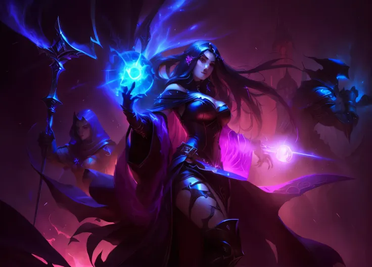 a woman with a sword and a demon holding a glowing ball, liliana vess, iconic character splash art, dark sorceress, irelia, dark witch character, dark sorceress full view, character splash art, official splash art, nocturne from league of legends, samira f...