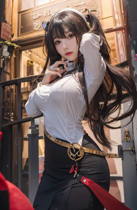 Ultra-detailed、Hanfu Chinese celebrity office lady wearing a tight white blouse tucked in and black pencil skirt, hands behind head, gold headband, red fingernails, breasts bulging, silky messy black hair, a building door in the background, attractive beau...