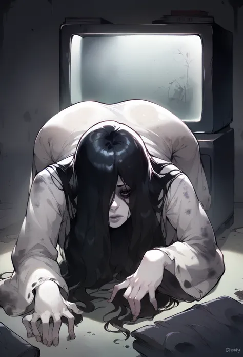 (masterpiece, the best quality:1.2),sadako,curbas,long black hair,pale skin,hair over one eye,
dirty white dress with sleeves,crawling, all fours, 
dark room,dim lighting,television,
