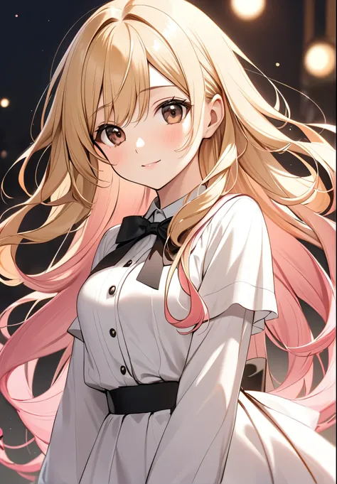 1girl,Blonde to light pink Hair, wavy long Hair, dark brown eyes, pleasant costume