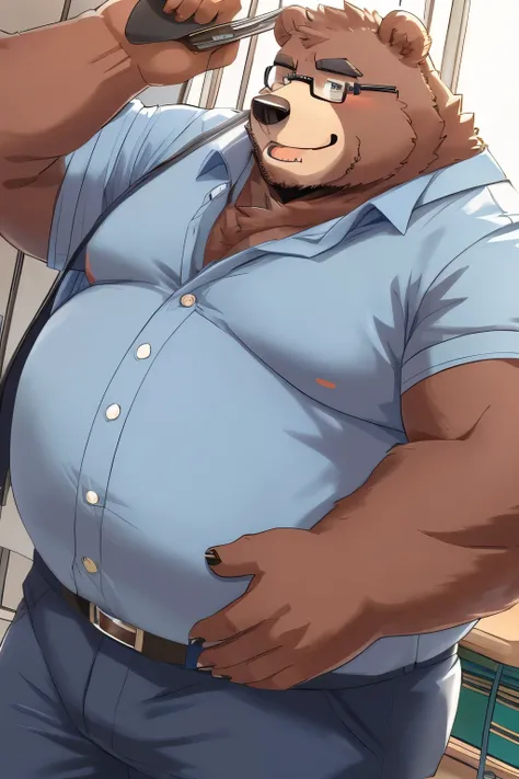 （（being overweight））（bear beastman wearing glasses)(school teacher、blue shirt)(blackboard)(being stripped of clothes)