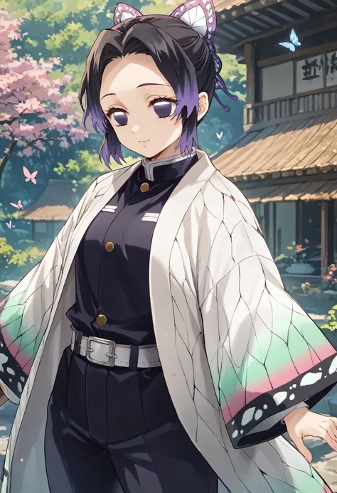 shinobu kochou, animal print, black hair, butterfly, butterfly hair ornament, butterfly print, forehead, gradient hair, hair ornament, haori, multicolored hair, parted bangs, purple hair, short hair, two-tone hair, belt, black pants, butterfly print, coat,...