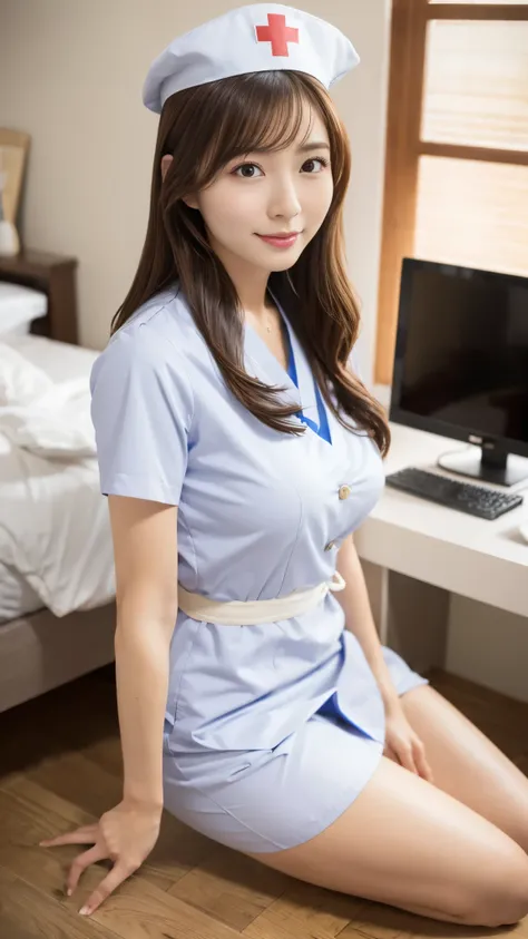 realistic style，a sexy nurse,super detailed、japanese、charming beauty、seductive adult woman、pretty woman,wearing av actress nurse...