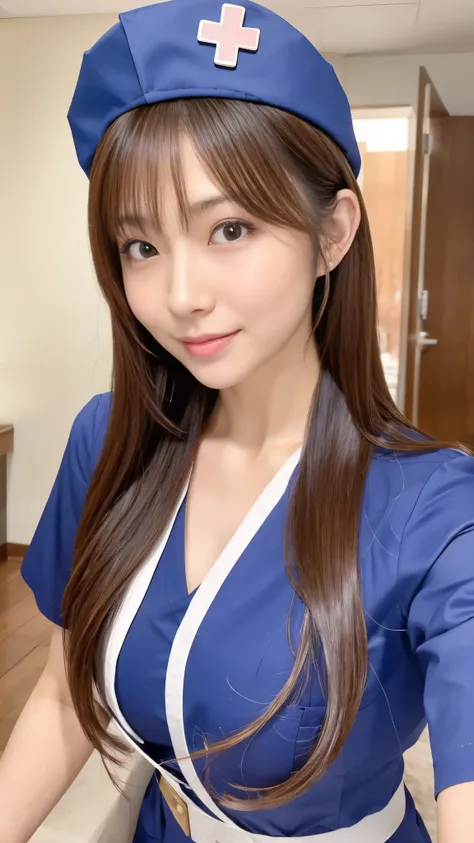 Realistic style，A sexy nurse,Super detailed、Japanese、charming beauty、seductive adult woman、Pretty Woman,Wearing AV actress nurse hat,Wearing an AV actress&#39;s 3.4 swimsuit-shaped nurse uniform,whole body,Cleavage and breasts exposed but no nipples visibl...