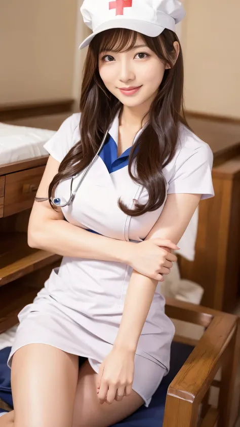 Realistic style，A sexy nurse,Super detailed、Japanese、charming beauty、seductive adult woman、Pretty Woman,Wearing AV actress nurse hat,Wearing an AV actress&#39;s 3.4 bra and panty-type nurse uniform,whole body,Medium chest,Beautiful breasts.whole body,Compl...