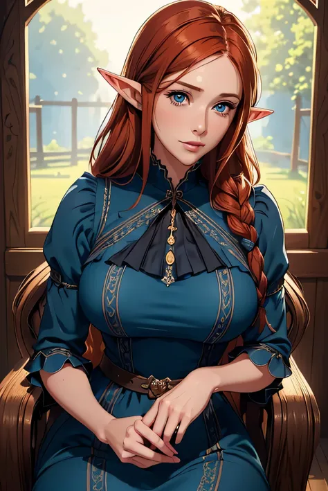 beautiful farmer with braids. ((redhead woman,mature adult woman, mature milf face, long hair, pointy ears, elf ear)), perfectly...