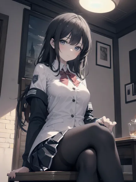 Masterpiece, photogravure style, 2D, one girl, solo, beautiful girl in an elegant school uniform, sitting gracefully, dynamic angles, detailed uniform design, prissy skirt, black tights, soft expression, cinematic lighting, ultra-detailed