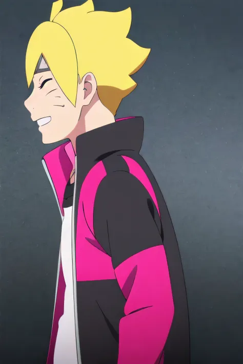 boruto uzumaki, solo, upper body, side view, viewed from side, smile, sensual expression,eyes closed,leaning forwards,leaned for...