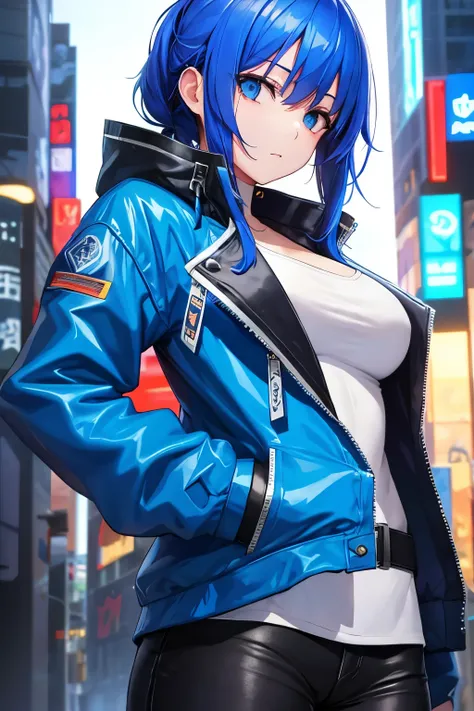 Masterpiece, best quality, beautiful girl, cyberpunk, blue jacket, sexy,