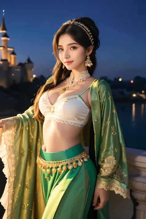 Night view, night background, baggy pants style、High resolution, Anatomically correct, High-resolution model, Muslim Dancer Aladdin Costume Jasmine、Double eyelids、Tiger Night Night View Long Eyelashes、Emerald green fabric headband　Clothes with lace and vei...