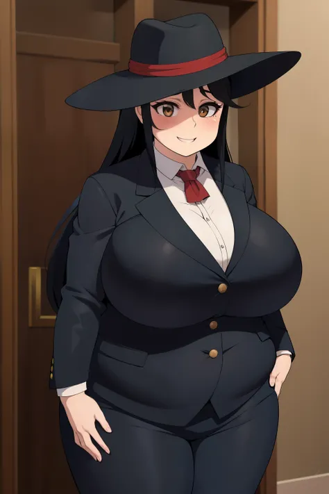 Chubby 2 big boobs black hair brown eyes happy long messy hair blushing smile deredere mobster suit and black hat 