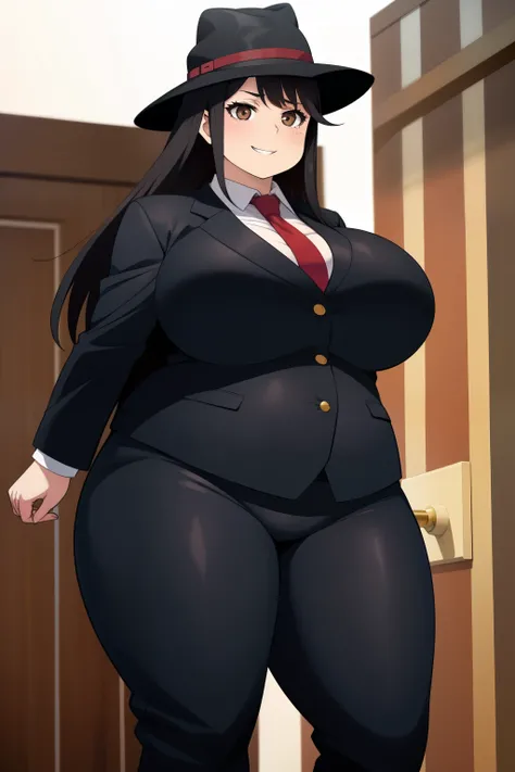 Chubby 2 big boobs black hair brown eyes happy long messy hair blushing smile deredere dark mobster suit and black hat