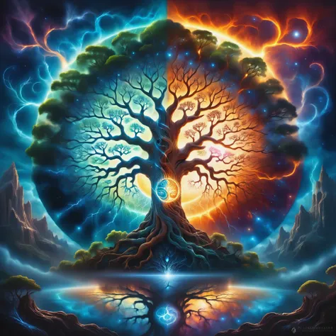 A painting of a tree with the sun and the moon in the background, Cosmic Tree of life, Cosmic Tree, the world Tree, tree of Life seed of doubt, world Tree, tree of Life, Magic Tree, Magic Tree, the tree of Life, Fractal Thunder - Dan Mumford, Fantasy tree,...