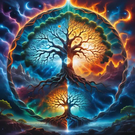 A painting of a tree with the sun and the moon in the background, Cosmic Tree of life, Cosmic Tree, the world Tree, tree of Life seed of doubt, world Tree, tree of Life, Magic Tree, Magic Tree, the tree of Life, Fractal Thunder - Dan Mumford, Fantasy tree,...