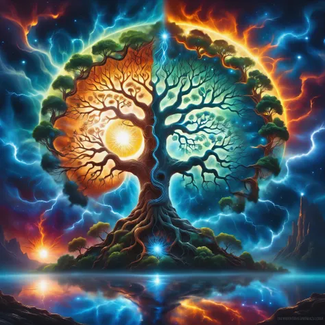 A painting of a tree with the sun and the moon in the background, Cosmic Tree of life, Cosmic Tree, the world Tree, tree of Life seed of doubt, world Tree, tree of Life, Magic Tree, Magic Tree, the tree of Life, Fractal Thunder - Dan Mumford, Fantasy tree,...