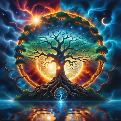 A painting of a tree with the sun and the moon in the background, Cosmic Tree of life, Cosmic Tree, the world Tree, tree of Life seed of doubt, world Tree, tree of Life, Magic Tree, Magic Tree, the tree of Life, Fractal Thunder - Dan Mumford, Fantasy tree,...
