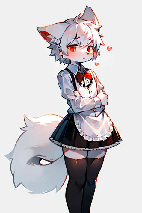  male anthro fox, white fur that is heavenly soft, white fluffy hair, red eyes, a single white tail, with black-tipped ears, boy is 35" tall,  squishy, pink paw pads, comfortable frilly black and white school dress shirt with ribbons, a short black skirt, ...