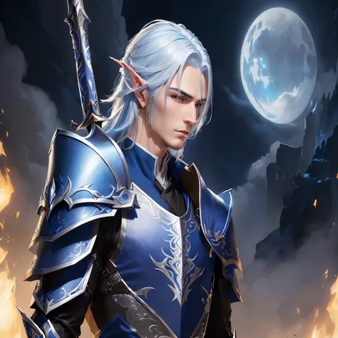 a close up of a person in a blue suit with a sword, beautiful male elf, a male elf, a portrait of a male elf, silver skinned male elf, epic fantasy art style hd, Zhao Yun, 2d cg, BLUE ELF, Male Elf Ranger, 2. 5 d cgi anime fantasy artwork, Detailed fantasy...