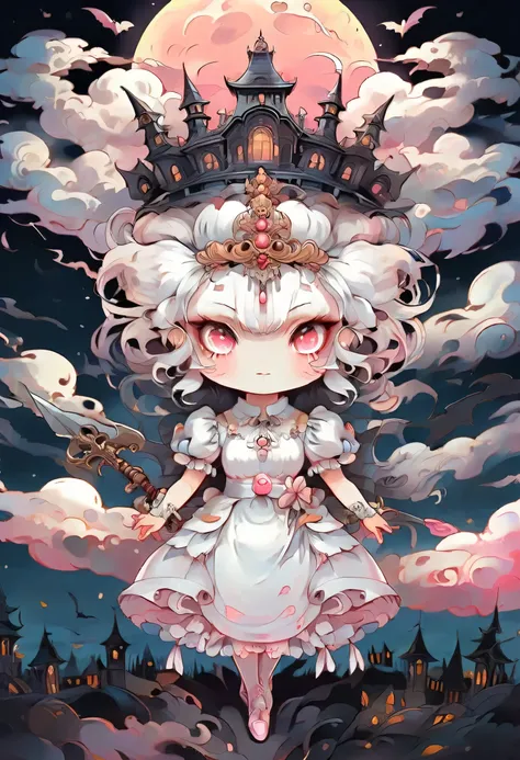 Masterpiece, best quality), a scary halloween chibi kawaii woman by night, victorian dress, pink glowing neon eyes,looking at the viewer,hold a knif sky, cloud, expressionless, white dress, looking at the viewer, medium length hair, holding knif , white h...