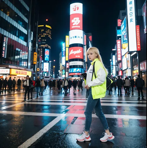 A stylized, deformed blonde girl with neat, shiny hair stands in the vibrant streets of Shinjuku, Tokyo. She is holding a smartphone in her hand, gazing at the screen with a curious or thoughtful expression. She’s dressed in casual, modern clothing — a lig...