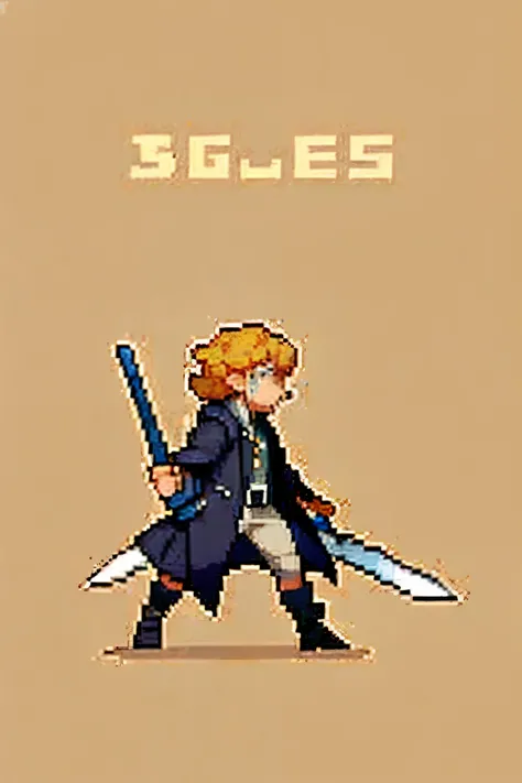 ((melhor qualidade)), ((obra-prima)), (detalhado), 1 boy, beardless, with curly blond hair wearing a trench coat and wielding a sword with a mark on his face
