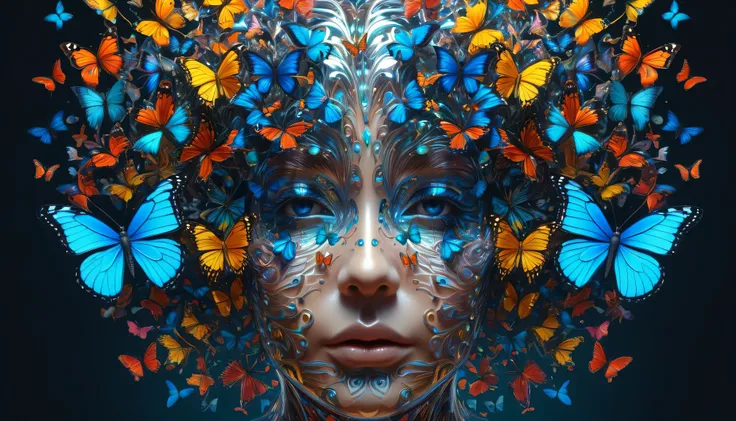 Layered transparent bodies in the human head、A hybrid with butterflies only in the brain, beautiful detailed Complex insanely detailed octane render trending on artstation, 8k artistic photography, Realistic, Center, Symmetric, Painted, Complex, Volumetric...