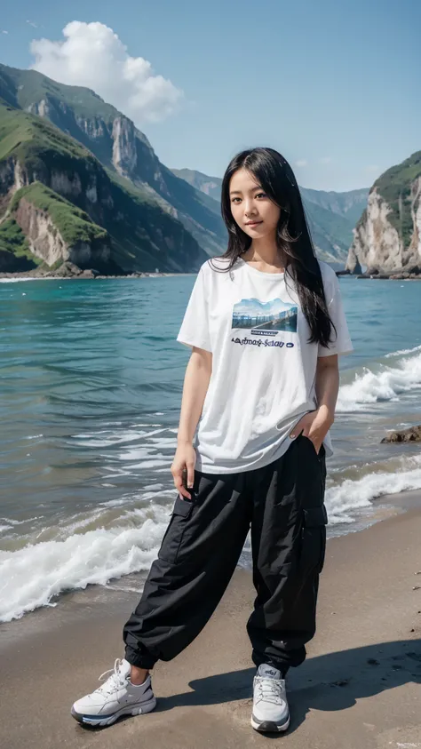 Beautiful Korean girl with smooth white skin, well-groomed face, long straight black hair, thin smile, black and white checkered shirt, white t-shirt with the stupid people dont look at me logo) brown cargo pants, cool watch, white shoes. Posing standing o...