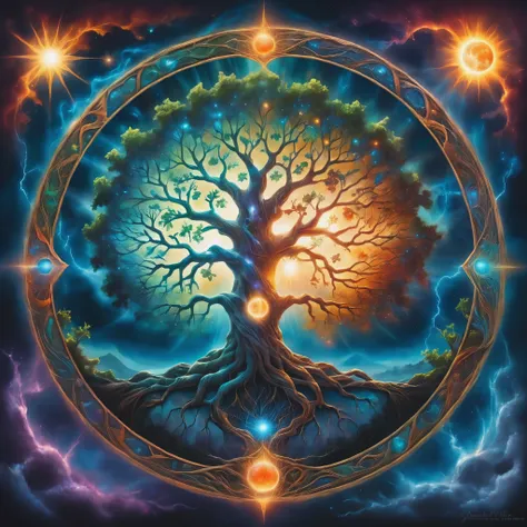A painting of a tree with the sun and the moon in the background, Cosmic Tree of life, Cosmic Tree, the world Tree, tree of Life seed of doubt, world Tree, tree of Life, Magic Tree, Magic Tree, the tree of Life, Fractal Thunder - Dan Mumford, Fantasy tree,...