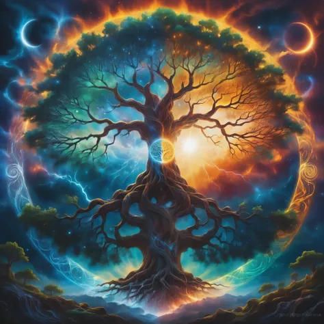 A painting of a tree with the sun and the moon in the background, Cosmic Tree of life, Cosmic Tree, the world Tree, tree of Life seed of doubt, world Tree, tree of Life, Magic Tree, Magic Tree, the tree of Life, Fractal Thunder - Dan Mumford, Fantasy tree,...