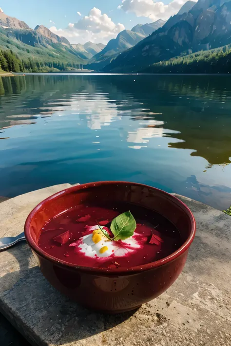 Healthy beetroot Ukrainian borscht on the background of lake