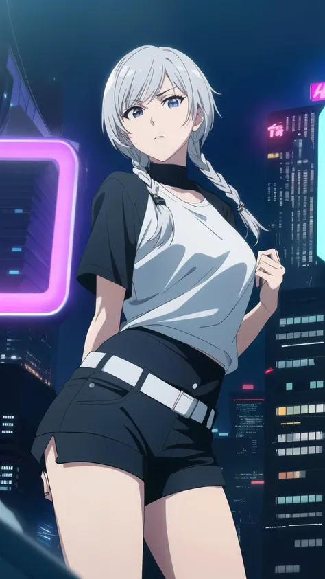 soifon, soifon, short hair, bangs, black hair, short hair with long locks, (black eyes:1.2), small breasts,(slender:1.2),Glare, ((silver jacket, T-shirt, shorts, cyberpunk style, night city, neon lights:1.2), solo, 
dynamic pose, dynamic angles, looking at...