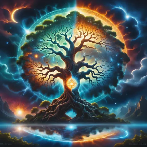 A painting of a tree with the sun and the moon in the background, Cosmic Tree of life, Cosmic Tree, the world Tree, tree of Life seed of doubt, world Tree, tree of Life, Magic Tree, Magic Tree, the tree of Life, Fractal Thunder - Dan Mumford, Fantasy tree,...