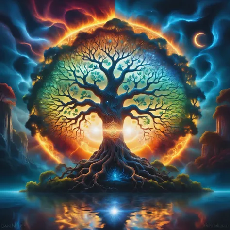 A painting of a tree with the sun and the moon in the background, Cosmic Tree of life, Cosmic Tree, the world Tree, tree of Life seed of doubt, world Tree, tree of Life, Magic Tree, Magic Tree, the tree of Life, Fractal Thunder - Dan Mumford, Fantasy tree,...