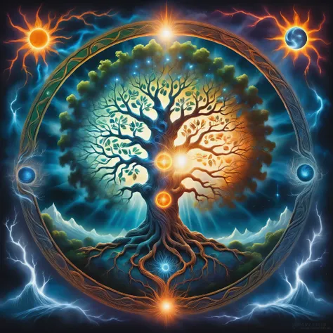 A painting of a tree with the sun and the moon in the background, Cosmic Tree of life, Cosmic Tree, the world Tree, tree of Life seed of doubt, world Tree, tree of Life, Magic Tree, Magic Tree, the tree of Life, Fractal Thunder - Dan Mumford, Fantasy tree,...