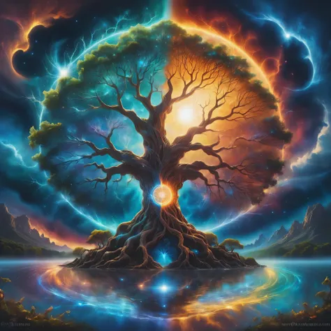 A painting of a tree with the sun and the moon in the background, Cosmic Tree of life, Cosmic Tree, the world Tree, tree of Life seed of doubt, world Tree, tree of Life, Magic Tree, Magic Tree, the tree of Life, Fractal Thunder - Dan Mumford, Fantasy tree,...