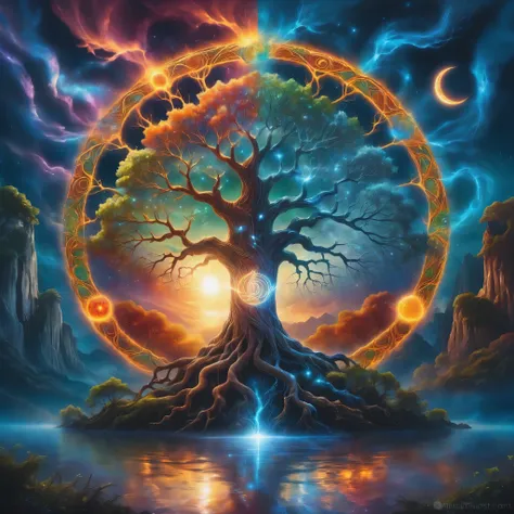 A painting of a tree with the sun and the moon in the background, Cosmic Tree of life, Cosmic Tree, the world Tree, tree of Life seed of doubt, world Tree, tree of Life, Magic Tree, Magic Tree, the tree of Life, Fractal Thunder - Dan Mumford, Fantasy tree,...