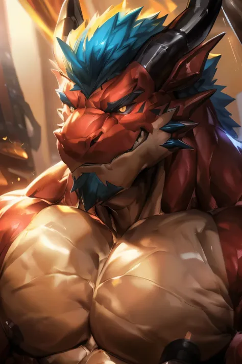 human nature, cannon, male, solitary, ((the strong,smart and masculine face,the most masculine daddy in the world,smirking)), ((close of huge dragon daddy,super massive muscular,super masculine,being bodybuilding,bodybuilder,long tail,paws)),eight-pack abs...