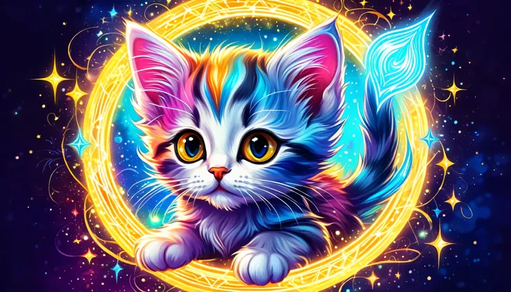 Colorful kitten drawing on a vibrant background,, Breathtaking Rendering, In a shining connection, Inspired by Kinuko Y. Crafting,, Magical Elements, 【Kitten Icon, oh, beautiful, Cast a variety of spells, bright flash, flash