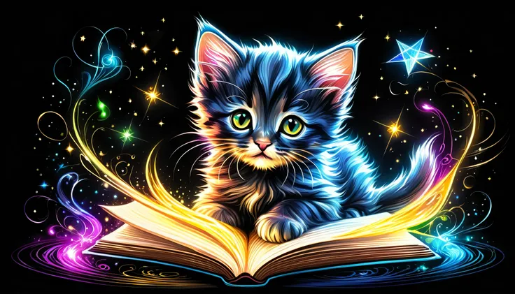 Colorful drawing of a kitten on a black background,, Breathtaking Rendering, In a shining connection, Inspired by Kinuko Y. Crafting,, Magical Elements, 【Kitten Icon, oh, beautiful, Cast a variety of spells, bright flash, フラッシュMascots風、Mascots