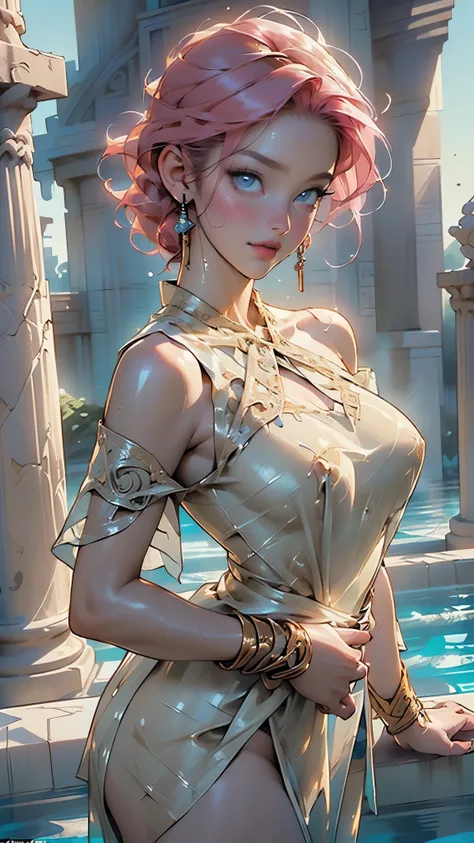 Greek goddess,sexy face,supernatural beauty,(((pink hair,long curly vibrant pink hair)),decorated with flowers,Her figure is extremely voluptuous,fitness hip,

woman,1female,((milf,mom,mature,mature woman,4 female,adult)),

(large breasts:1.5),saggy breast...